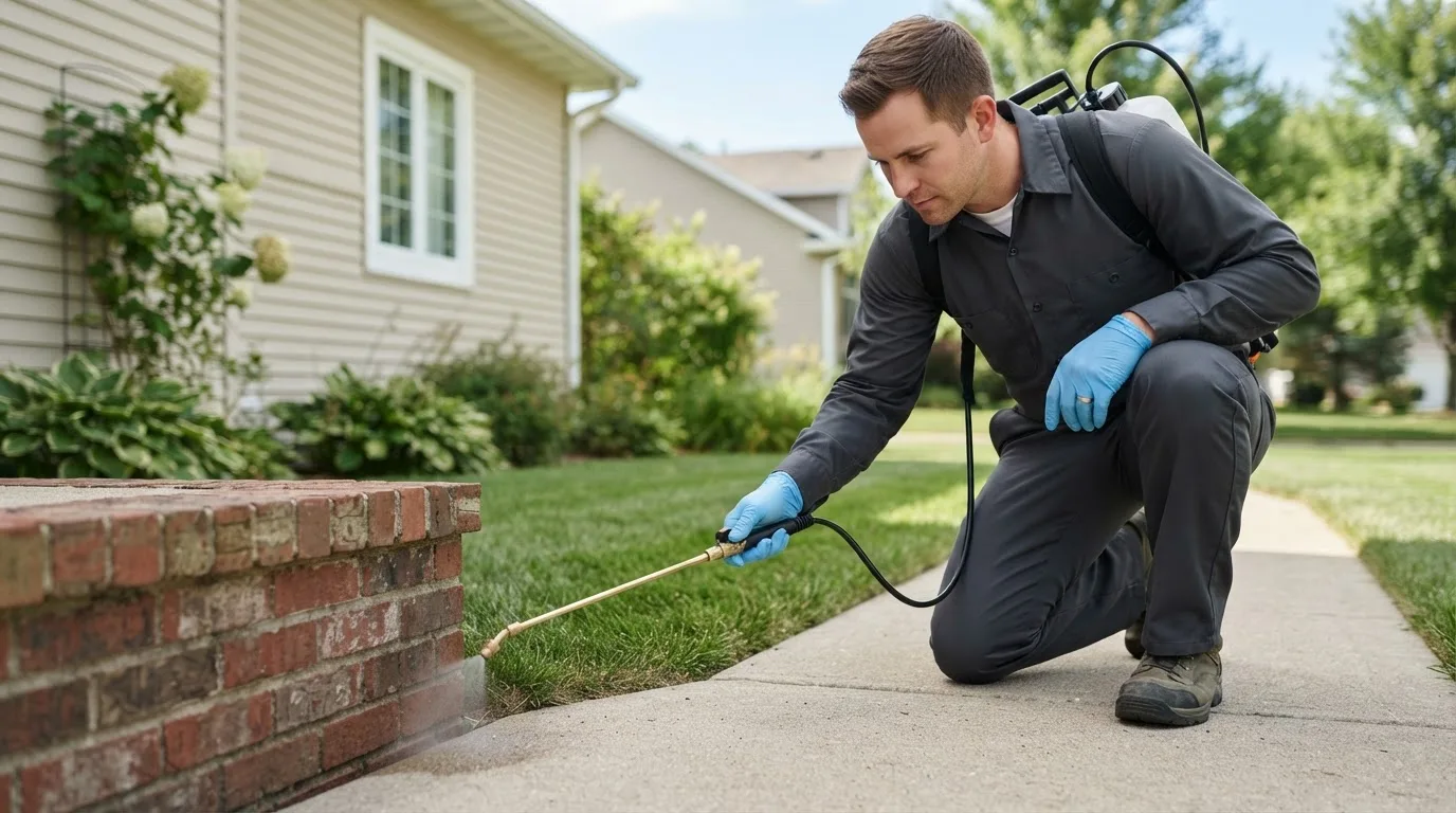 Pest control technician treating a home near Readfield, ME
