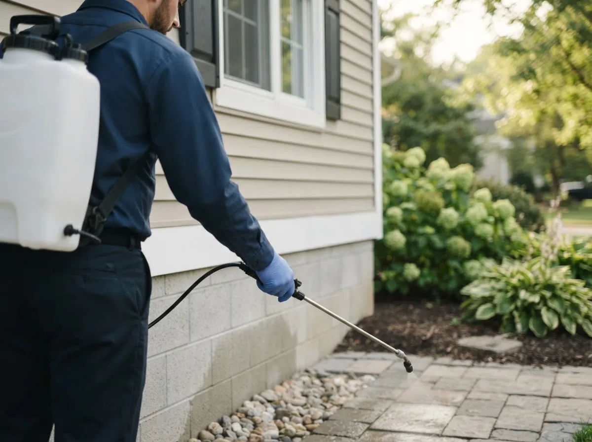 Pest control technician inspecting a home in Readfield, ME